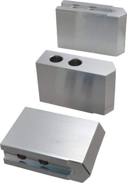 Masterman & Kovil - 10" Chuck Capacity, 1.5mm x 60° Serrated Attachment, Square Soft Lathe Chuck Jaw - 3 Jaws, Aluminum, 1.181" Btw Mount Hole Ctrs, 4.6mm Long x 1-1/2" Wide x 3" High, 0.63" Groove, 12mm Fastener - USA Tool & Supply