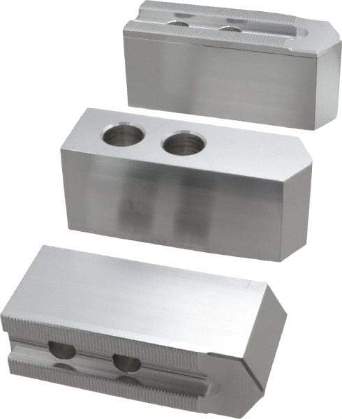 Masterman & Kovil - 10" Chuck Capacity, 1.5mm x 60° Serrated Attachment, Square Soft Lathe Chuck Jaw - 3 Jaws, Aluminum, 1.181" Btw Mount Hole Ctrs, 4.6mm Long x 1-1/2" Wide x 2" High, 0.63" Groove, 12mm Fastener - USA Tool & Supply