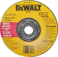 DeWALT - 24 Grit, 6" Wheel Diam, 1/4" Wheel Thickness, 7/8" Arbor Hole, Type 27 Depressed Center Wheel - Aluminum Oxide, R Hardness, 10,100 Max RPM, Compatible with Angle Grinder - USA Tool & Supply