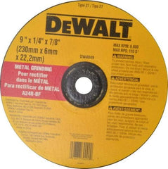DeWALT - 24 Grit, 9" Wheel Diam, 1/4" Wheel Thickness, 7/8" Arbor Hole, Type 27 Depressed Center Wheel - Aluminum Oxide, R Hardness, 6,600 Max RPM, Compatible with Angle Grinder - USA Tool & Supply