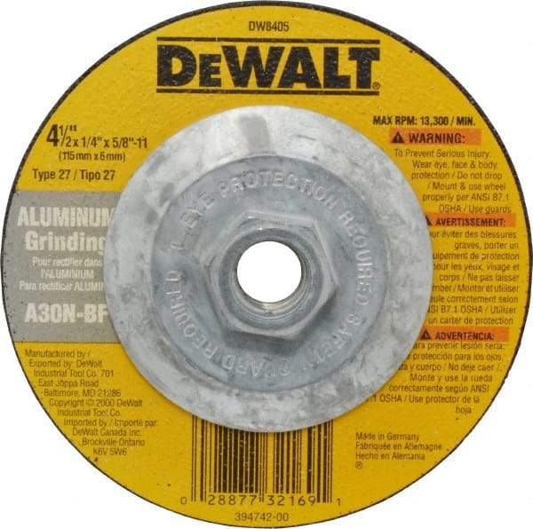 DeWALT - 30 Grit, 4-1/2" Wheel Diam, 1/4" Wheel Thickness, Type 27 Depressed Center Wheel - Aluminum Oxide, N Hardness, 13,300 Max RPM, Compatible with Angle Grinder - USA Tool & Supply