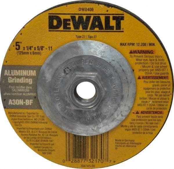 DeWALT - 30 Grit, 5" Wheel Diam, 1/4" Wheel Thickness, Type 27 Depressed Center Wheel - Aluminum Oxide, N Hardness, 12,200 Max RPM, Compatible with Angle Grinder - USA Tool & Supply