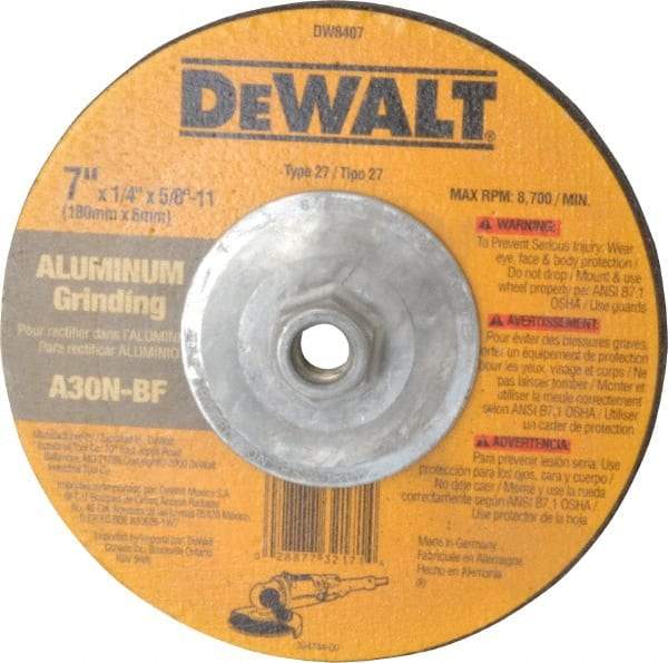 DeWALT - 30 Grit, 7" Wheel Diam, 1/4" Wheel Thickness, Type 27 Depressed Center Wheel - Aluminum Oxide, N Hardness, 8,700 Max RPM, Compatible with Angle Grinder - USA Tool & Supply
