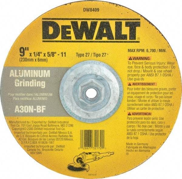 DeWALT - 30 Grit, 9" Wheel Diam, 1/4" Wheel Thickness, Type 27 Depressed Center Wheel - Aluminum Oxide, N Hardness, 6,600 Max RPM, Compatible with Angle Grinder - USA Tool & Supply