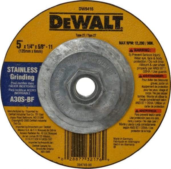 DeWALT - 30 Grit, 5" Wheel Diam, 1/4" Wheel Thickness, Type 27 Depressed Center Wheel - Aluminum Oxide, S Hardness, 12,200 Max RPM, Compatible with Angle Grinder - USA Tool & Supply