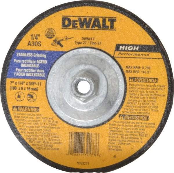 DeWALT - 30 Grit, 7" Wheel Diam, 1/4" Wheel Thickness, Type 27 Depressed Center Wheel - Aluminum Oxide, S Hardness, 8,700 Max RPM, Compatible with Angle Grinder - USA Tool & Supply
