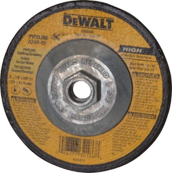 DeWALT - 24 Grit, 5" Wheel Diam, 1/8" Wheel Thickness, Type 27 Depressed Center Wheel - Aluminum Oxide, R Hardness, 12,200 Max RPM, Compatible with Angle Grinder - USA Tool & Supply