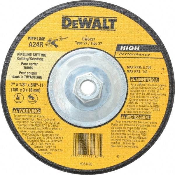 DeWALT - 24 Grit, 7" Wheel Diam, 1/8" Wheel Thickness, Type 27 Depressed Center Wheel - Aluminum Oxide, R Hardness, 8,700 Max RPM, Compatible with Angle Grinder - USA Tool & Supply