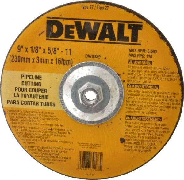 DeWALT - 24 Grit, 9" Wheel Diam, 1/8" Wheel Thickness, Type 27 Depressed Center Wheel - Aluminum Oxide, R Hardness, 6,600 Max RPM, Compatible with Angle Grinder - USA Tool & Supply