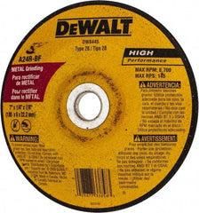 DeWALT - 24 Grit, 7" Wheel Diam, 1/4" Wheel Thickness, 7/8" Arbor Hole, Type 28 Depressed Center Wheel - Aluminum Oxide, R Hardness, 8,700 Max RPM - USA Tool & Supply