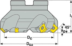 Seco - 1.57" Cut Diam, 3/4" Arbor Hole, 0.18" Max Depth of Cut, 45° Indexable Chamfer & Angle Face Mill - 4 Inserts, SE.. 09T3 Insert, Right Hand Cut, 4 Flutes, Through Coolant, Series R220.53 - USA Tool & Supply