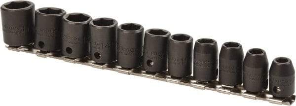 Proto - 11 Piece 3/8" Drive Impact Socket Set - 6 Points, 7mm to 17mm Range, Metric Measurement Standard - USA Tool & Supply