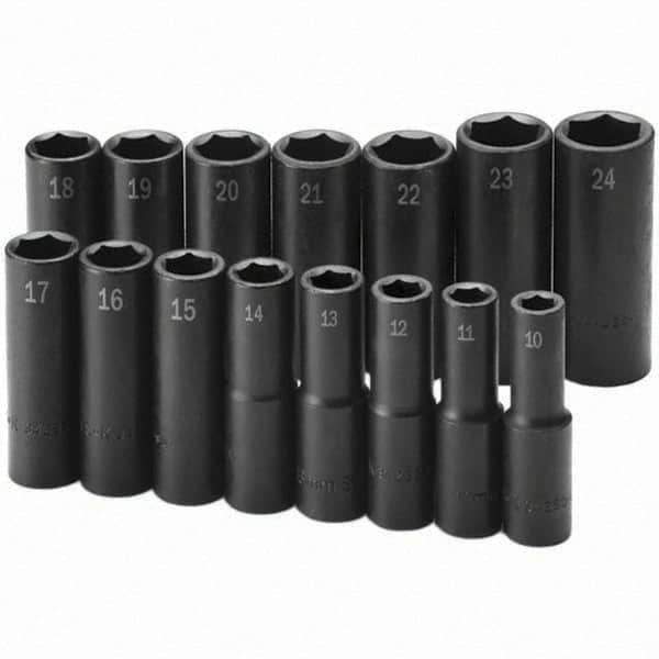 SK - 1/2" Drive Deep Impact Socket Set - 10 to 24mm, Metric Measurement Standard - USA Tool & Supply