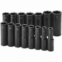 SK - 1/2" Drive Deep Impact Socket Set - 10 to 24mm, Metric Measurement Standard - USA Tool & Supply