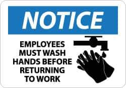 NMC - "Notice - Employees Must Wash Hands Before Returning to Work", 10" Long x 14" Wide, Rigid Plastic Safety Sign - Rectangle, 0.05" Thick, Use for Restroom, Janitorial & Housekeeping - USA Tool & Supply