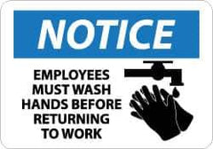 NMC - "Notice - Employees Must Wash Hands Before Returning to Work", 10" Long x 14" Wide, Rigid Plastic Safety Sign - Rectangle, 0.05" Thick, Use for Restroom, Janitorial & Housekeeping - USA Tool & Supply