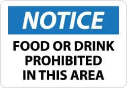 NMC - "Notice - Food or Drink Prohibited in This Area", 10" Long x 14" Wide, Pressure-Sensitive Vinyl Safety Sign - Rectangle, 0.004" Thick, Use for Accident Prevention - USA Tool & Supply