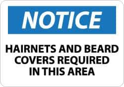 NMC - "Notice - Hairnets and Beard Covers Required in This Area", 10" Long x 14" Wide, Pressure-Sensitive Vinyl Safety Sign - Rectangle, 0.004" Thick, Use for Accident Prevention - USA Tool & Supply