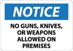 NMC - "Notice - No Guns, Knives or Weapons Allowed on Premises", 10" Long x 14" Wide, Aluminum Safety Sign - Rectangle, 0.04" Thick, Use for Security & Admittance - USA Tool & Supply