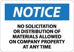NMC - "Notice - No Solicitation or Distribution of Materials Allowed on Company Property at Any Time", 10" Long x 14" Wide, Pressure-Sensitive Vinyl Safety Sign - Rectangle, 0.004" Thick, Use for Security & Admittance - USA Tool & Supply