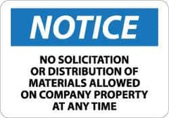 NMC - "Notice - No Solicitation or Distribution of Materials Allowed on Company Property at Any Time", 10" Long x 14" Wide, Pressure-Sensitive Vinyl Safety Sign - Rectangle, 0.004" Thick, Use for Security & Admittance - USA Tool & Supply