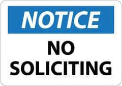 NMC - "Notice - No Soliciting", 10" Long x 14" Wide, Rigid Plastic Safety Sign - Rectangle, 0.05" Thick, Use for Security & Admittance - USA Tool & Supply