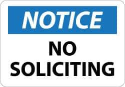 NMC - "Notice - No Soliciting", 10" Long x 14" Wide, Aluminum Safety Sign - Rectangle, 0.04" Thick, Use for Security & Admittance - USA Tool & Supply
