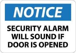 NMC - "Notice - Security Alarm Will Sound If Door Is Opened", 10" Long x 14" Wide, Pressure-Sensitive Vinyl Safety Sign - Rectangle, 0.004" Thick, Use for Security & Admittance - USA Tool & Supply