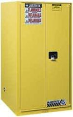 Justrite - 2 Door, 5 Shelf, Yellow Steel Standard Safety Cabinet for Flammable and Combustible Liquids - 65" High x 34" Wide x 34" Deep, Manual Closing Door, 3 Point Key Lock, 96 Gal Capacity - USA Tool & Supply