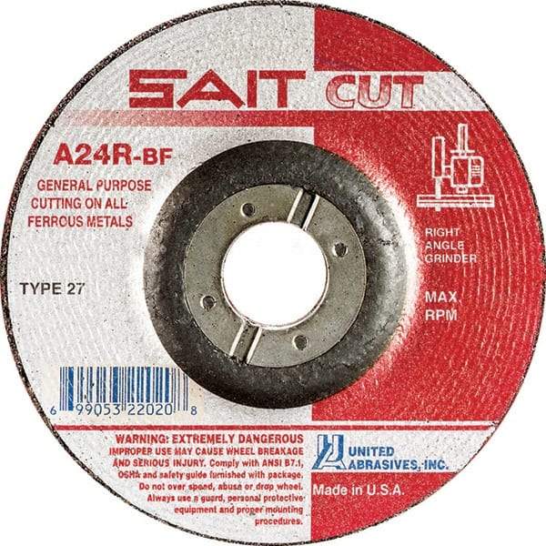 Sait - 24 Grit, 6" Wheel Diam, 1/8" Wheel Thickness, 7/8" Arbor Hole, Type 27 Depressed Center Wheel - Aluminum Oxide, Resinoid Bond, R Hardness, 10,200 Max RPM, Compatible with Angle Grinder - USA Tool & Supply