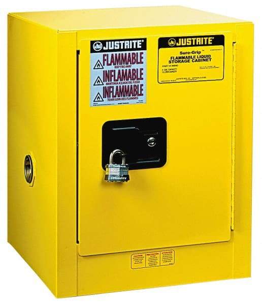 Justrite - 1 Door, 1 Shelf, Yellow Steel Bench Top Safety Cabinet for Flammable and Combustible Liquids - 22" High x 17" Wide x 17" Deep, Self Closing Door, 4 Gal Capacity - USA Tool & Supply