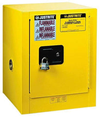 Justrite - 1 Door, 1 Shelf, Yellow Steel Bench Top Safety Cabinet for Flammable and Combustible Liquids - 22" High x 17" Wide x 17" Deep, Manual Closing Door, 4 Gal Capacity - USA Tool & Supply