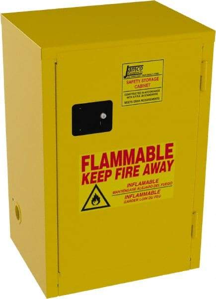 Jamco - 1 Door, 1 Shelf, Yellow Steel Space Saver Safety Cabinet for Flammable and Combustible Liquids - 35" High x 23" Wide x 18" Deep, Manual Closing Door, 3 Point Key Lock, 12 Gal Capacity - USA Tool & Supply