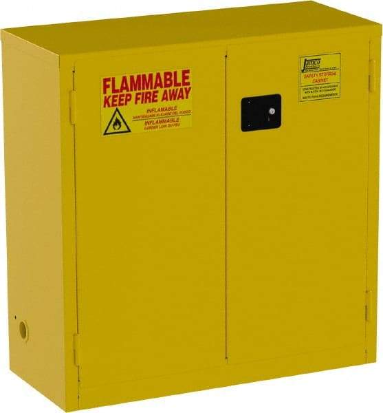 Jamco - 2 Door, 1 Shelf, Yellow Steel Standard Safety Cabinet for Flammable and Combustible Liquids - 44" High x 43" Wide x 18" Deep, Manual Closing Door, 3 Point Key Lock, 30 Gal Capacity - USA Tool & Supply