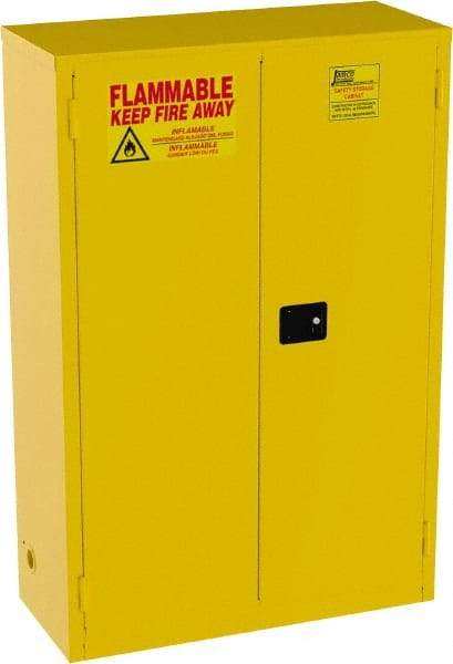 Jamco - 2 Door, 2 Shelf, Yellow Steel Standard Safety Cabinet for Flammable and Combustible Liquids - 65" High x 43" Wide x 18" Deep, Manual Closing Door, 3 Point Key Lock, 45 Gal Capacity - USA Tool & Supply