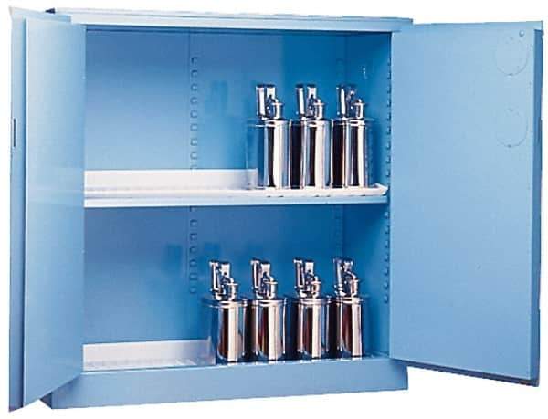 Justrite - 2 Door, 2 Shelf, Blue Steel Standard Safety Cabinet for Corrosive Chemicals - 65" High x 34" Wide x 34" Deep, Manual Closing Door, 3 Point Key Lock, 60 Gal Capacity - USA Tool & Supply