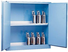 Justrite - 2 Door, 2 Shelf, Blue Steel Standard Safety Cabinet for Corrosive Chemicals - 65" High x 34" Wide x 34" Deep, Manual Closing Door, 3 Point Key Lock, 60 Gal Capacity - USA Tool & Supply