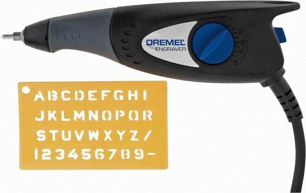 Dremel - 7,200 BPM, Electric Engraving Pen - 2 amps, Includes 9924 Carbide Point; Engraver Tool; Letter/Number Template Kit - USA Tool & Supply