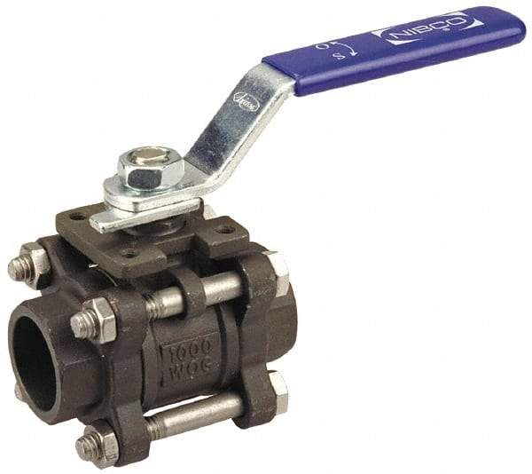 NIBCO - 1/2" Pipe, Full Port, Carbon Steel Standard Ball Valve - 3 Piece, Inline - One Way Flow, Socket Weld x Socket Weld Ends, Locking Lever Handle, 1,000 WOG - USA Tool & Supply
