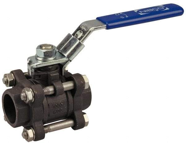 NIBCO - 1-1/2" Pipe, Full Port, Carbon Steel Standard Ball Valve - 3 Piece, Inline - One Way Flow, Socket Weld x Socket Weld Ends, Locking Lever Handle, 1,000 WOG - USA Tool & Supply