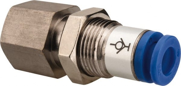 SMC PNEUMATICS - 6mm OD, R(PT) 1/4 Thread, Brass/Polybutylene Push-to-Connect Female Bulkhead - USA Tool & Supply