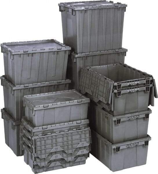 Quantum Storage - 1.42 Cu Ft, 75 Lb Load Capacity Gray Polyethylene Attached-Lid Container - Stacking, Nesting, 22.1" Long x 12.6" Wide x 11.9" High, Lid Included - USA Tool & Supply