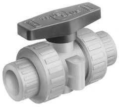 Plast-O-Matic - 1-1/4" Pipe, Full Port, PVC True Union Design Ball Valve - Inline - Two Way Flow, FNPT x FNPT Ends, Tee Handle, 175 WOG - USA Tool & Supply