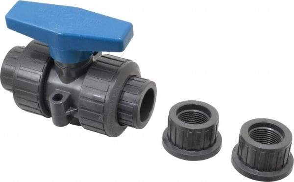 Plast-O-Matic - 3/4" Pipe, Full Port, PVC True Union Design Ball Valve - Inline - Two Way Flow, FNPT x FNPT Ends, Tee Handle, 175 WOG - USA Tool & Supply