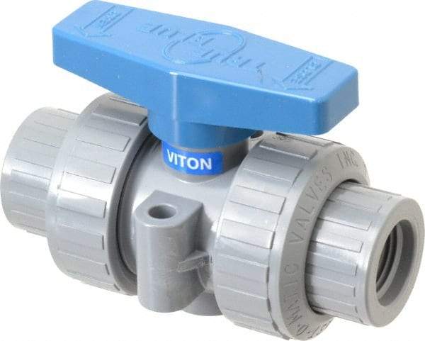Plast-O-Matic - 1/2" Pipe, Full Port, CPVC True Union Design Ball Valve - Inline - Two Way Flow, FNPT x FNPT Ends, Tee Handle, 175 WOG - USA Tool & Supply