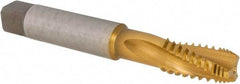 Emuge - 1/4-18 NPT, 15° Helix, 3 Flutes, Modified Bottoming Chamfer, TiN Finish, Cobalt, Spiral Flute Pipe Tap - Right Hand Flute, 9/16" Shank Diam, 1.06" Thread Length, 0.421" Square Size, Series KEG - Exact Industrial Supply