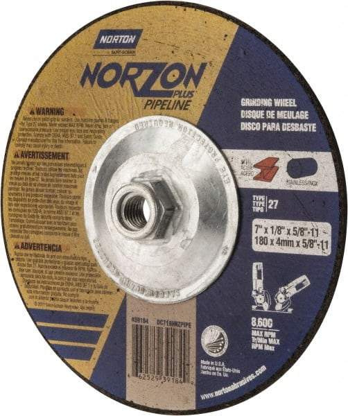 Norton - 30 Grit, 7" Wheel Diam, 1/8" Wheel Thickness, Type 27 Depressed Center Wheel - Ceramic, 8,600 Max RPM, Compatible with Angle Grinder - USA Tool & Supply