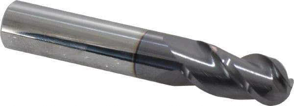 Accupro - 1/2" Diam, 1" LOC, 3 Flute Solid Carbide Ball End Mill - AlTiN Finish, Single End, 3" OAL, 1/2" Shank Diam, Spiral Flute - USA Tool & Supply