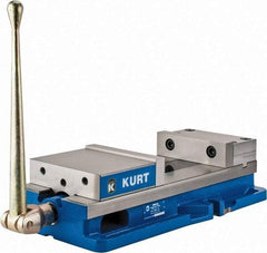 Kurt - 8" Jaw Width, 10" Jaw Opening Capacity, Horizontal Stationary Machine Vise - Manual Operation, 11,596 Lb Capacity, 1 Station, 24.185" Long x 5.51" High x 2-13/64" Deep, 2.2" Jaw Height, 80,000 psi Max Clamp Force, Ductile Iron - USA Tool & Supply