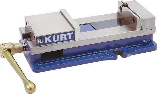 Kurt - 10" Jaw Width, 9-3/4" Jaw Opening Capacity, Horizontal Stationary Machine Vise - Manual Operation, 26,277 Lb Capacity, 1 Station, 29.19" Long x 6-13/16" High x 2-15/16" Deep, 2-1/2" Jaw Height, 80,000 psi Max Clamp Force, Ductile Iron - USA Tool & Supply